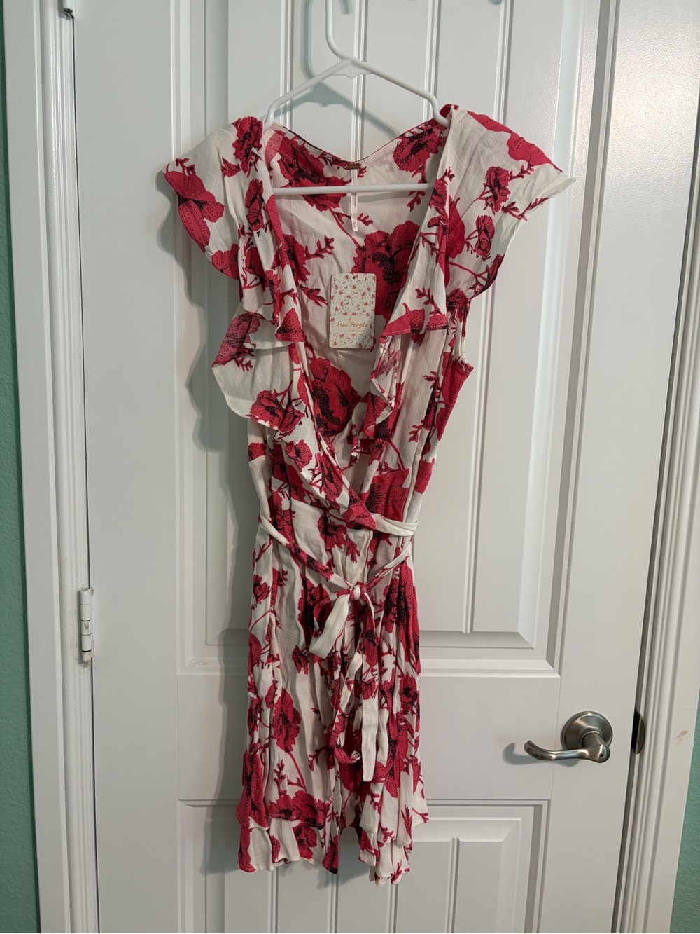 Free People white & Red Floral Wrap Dress with Ruffle Detail